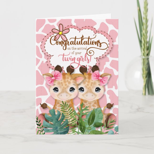 Carte Twin Girls New Baby Jungle Thème Félicitations (Devant)