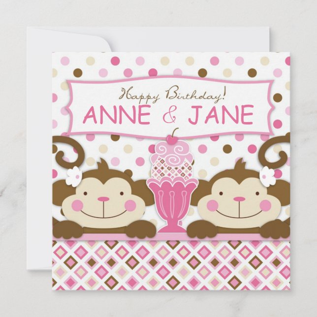 Carte Twin Monkeys & Ice Cream Sundae Anniversaire (Devant)