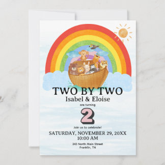Carte TWIN Two by Two Noah's Ark Girl Birthday Invite