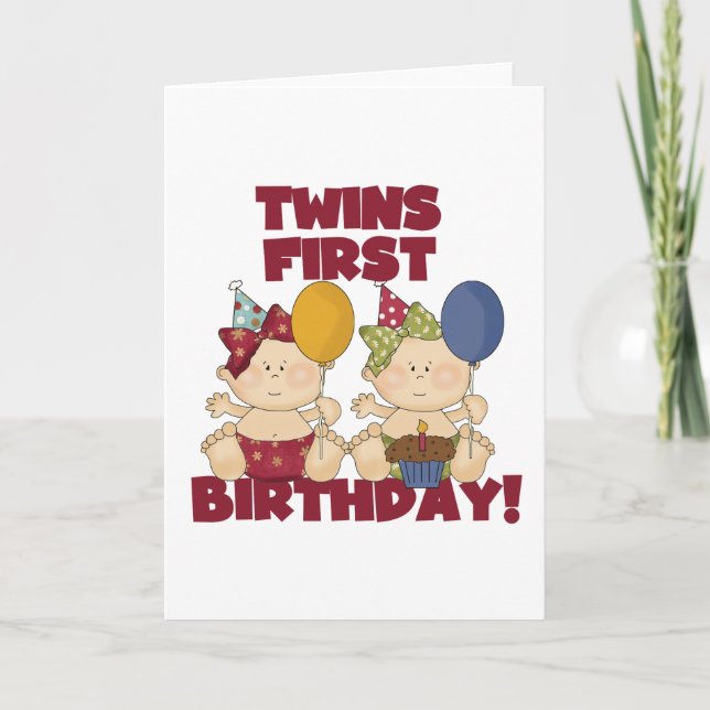 Carte Twins 1er Anniversaire - Girls Tshirts et cadeaux (Devant)