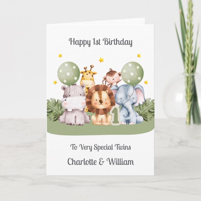 Carte Twins 1st Birthday Safari Leaf Animals Card (Devant)