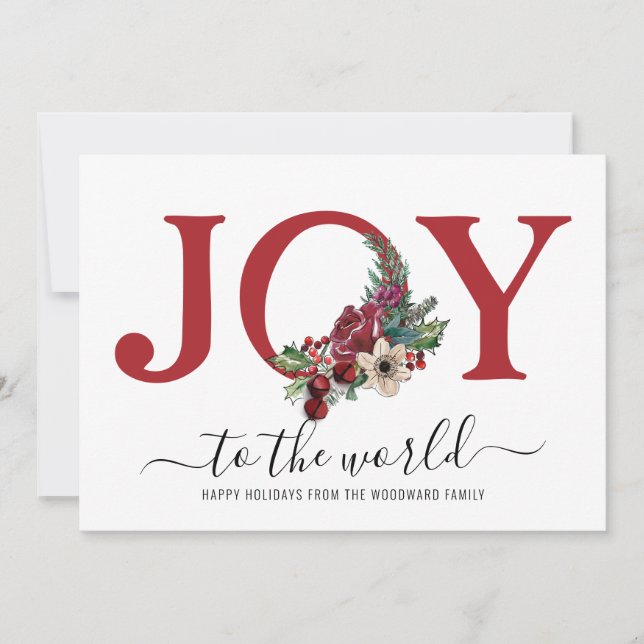Carte Typographie florale Modern Joy rouge et blanc (Devant)