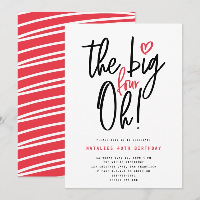 Carte typographie moderne rouge fête du 40e anniversaire (Devant / Derrière)