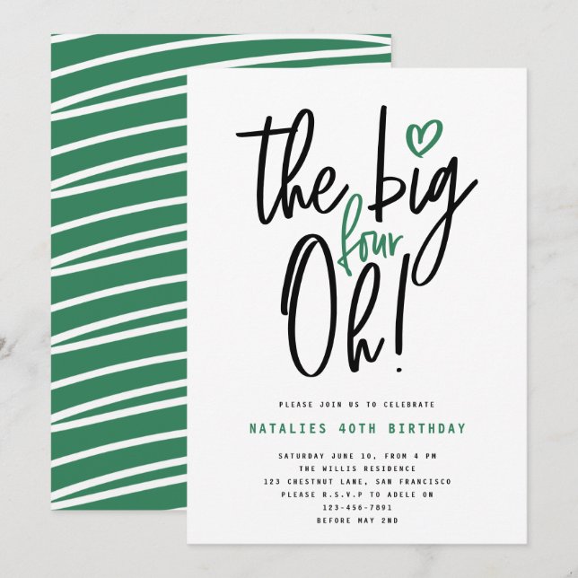 Carte Typographie moderne verte fête du 40e anniversaire (Devant / Derrière)