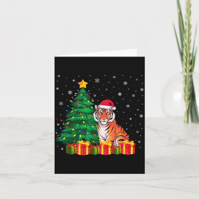 Carte Ugly Bengal Tiger Santa Hat Christmas Tree Lights  (Devant)