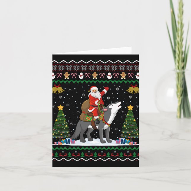 Carte Ugly Wolf Xmas Gift Santa Riding Wolf Christmas T  (Devant)