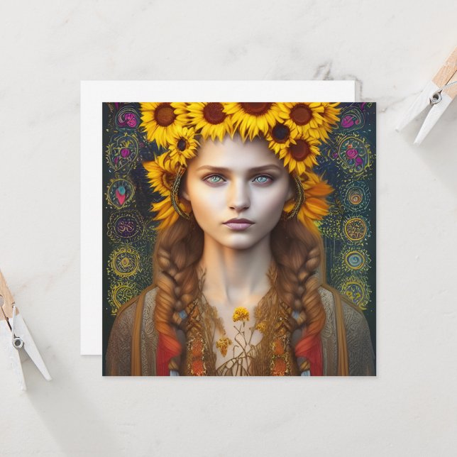 Carte Ukrainienne Fille d'Amulets & Tournesols (Devant/Arrière en situation)