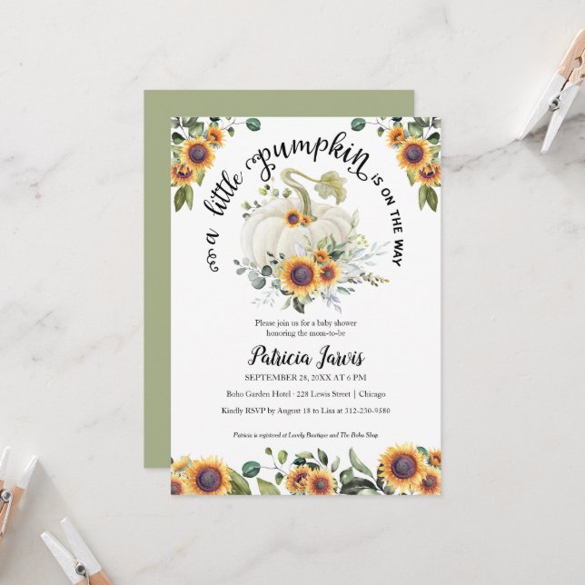 Carte Un Baby shower De Verdure Un Peu Citrouille Invita (Devant/Arrière en situation)