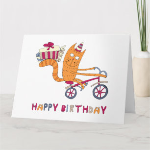 Carte Un chat sur un vélo porte des cadeaux d'anniversai