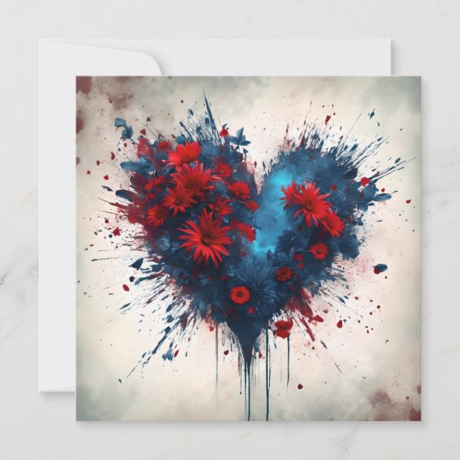 Carte Un coeur bleu éclatant avec des fleurs rouges (Devant)