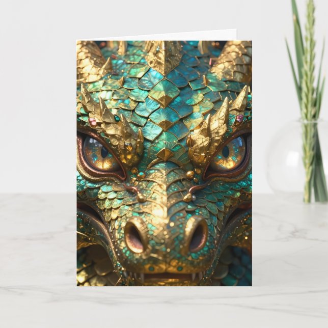 Carte Un dragon mystique turquoise et or (Devant)