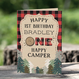 Carte Un Joyeux Camper Forêt Plaid 1er anniversaire