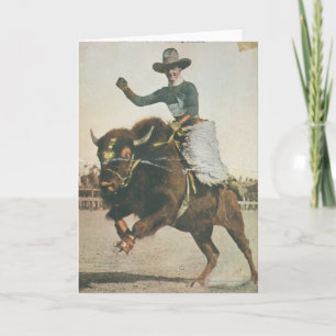 Carte Un joyeux cowboy sur un bison rebutant.