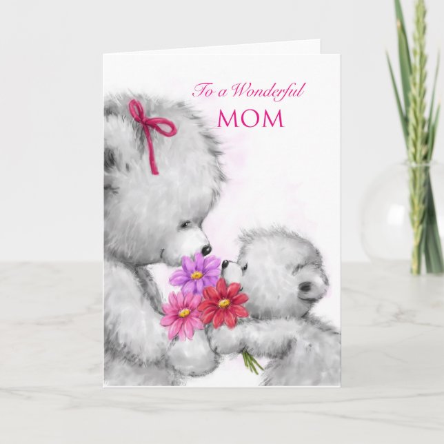 Carte Un mignon ours qui donne des fleurs, Joyeuse fête  (Devant)