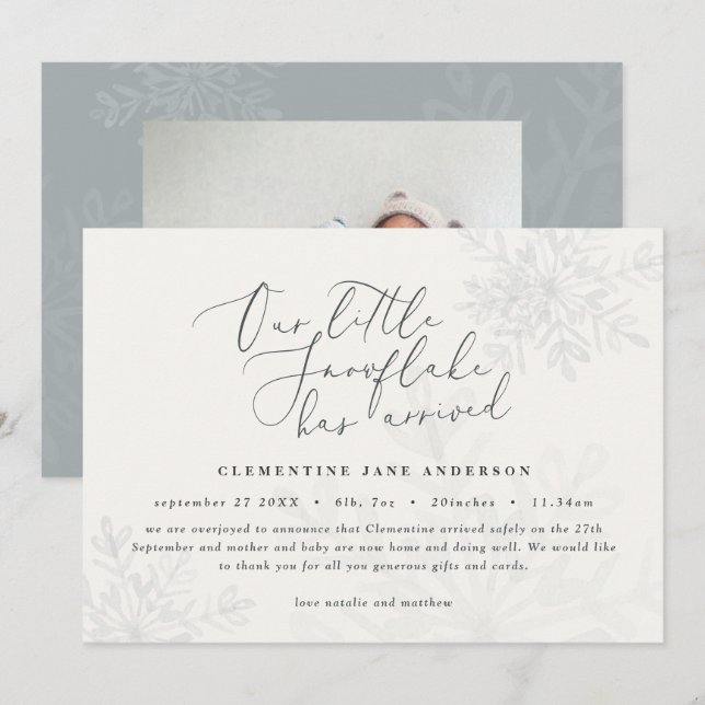 Carte Un petit flocon bleu hiver élégant photo naissance (Devant / Derrière)