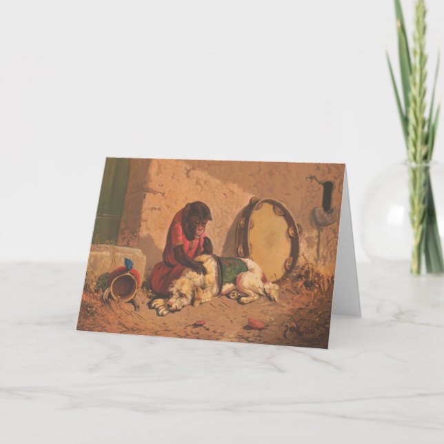 Carte Un Singe Et Un Chien Avec Un Grand Tambourin (Devant)
