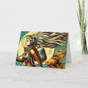 Carte Une astronaute féminine et poisson rouge Retro Tou