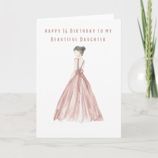 Carte Une belle robe rose dessinée à la main Happy 16th (Devant)