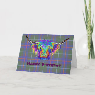 Carte Une belle vache haut-terrain colorée sur tartan.