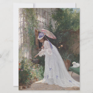 Carte Une dame dans un jardin qui soigne ses fleurs avec