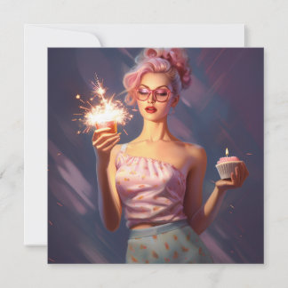 Carte Une Étonnante Femme Rose Haired Tenant Un Cupcake