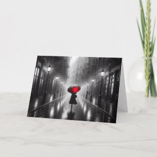 Carte Une Femme Avec Un Parapluie Rouge Qui Pense À Vous