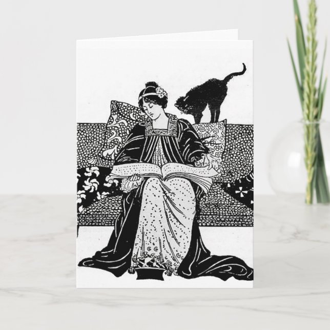Carte Une femme qui lit avec un chat noir (Devant)