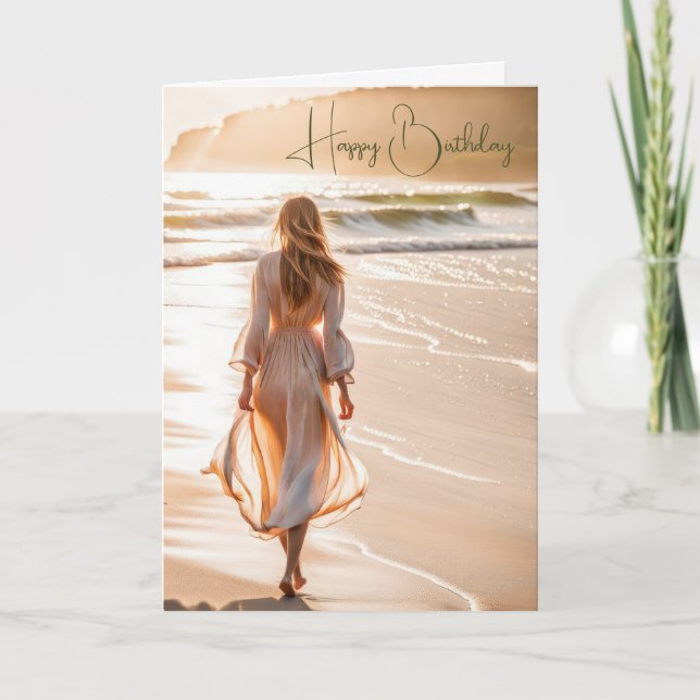 Carte Une jeune femme marche sur la plage pour l'anniver (Devant)