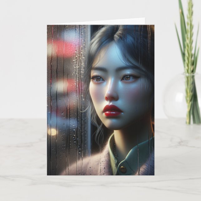 Carte Une jolie femme asiatique regarde la pluie (Devant)