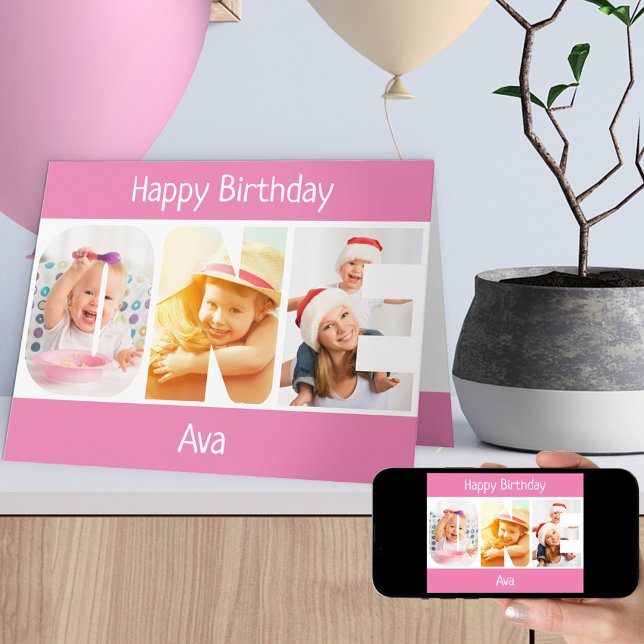 Carte UNE lettre photo Filles roses 1er anniversaire (Créateur téléchargé)