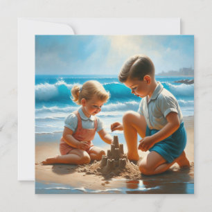 Carte Une petite fille et un garçon Bâtir un château de