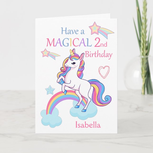 Carte Unicorn Magique 2e anniversaire rose (Devant)