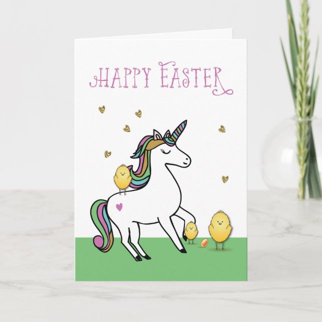 Carte Unicorn voeux de Pâques avec poules (Devant)