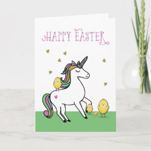 Carte Unicorn voeux de Pâques avec poules