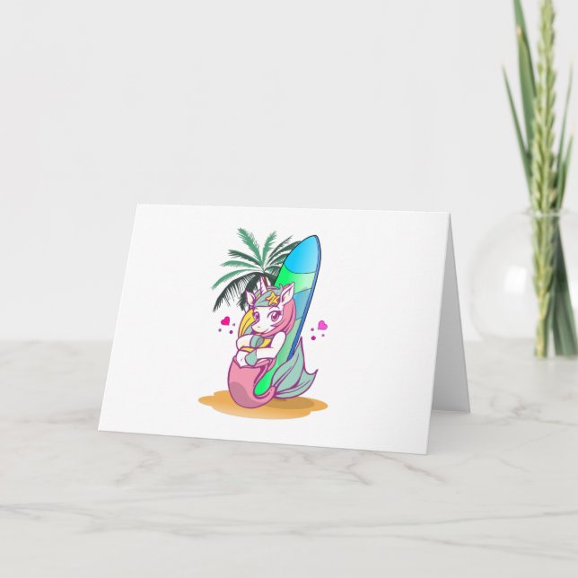 Carte Unicorne avec planche de surf sur la plage (Devant)
