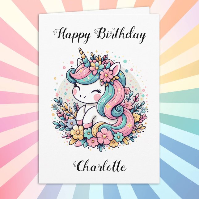 Carte Unicorne personnalisée et Fleurs Anniversaire de l (Créateur téléchargé)