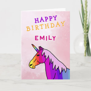 Carte Unicorne rose coloré fille Joyeux anniversaire