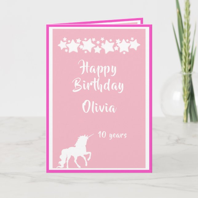 Carte Unicorne rose et blanc avec étoiles (Devant)