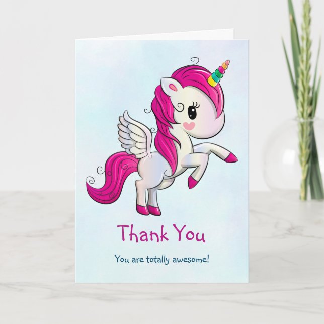 Carte Unicorne rose mignonne avec Merci d'ailes (Devant)