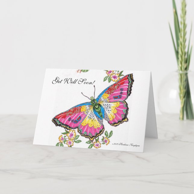 Carte Va Bien Bientôt ! Papillon et fleurs (Devant)