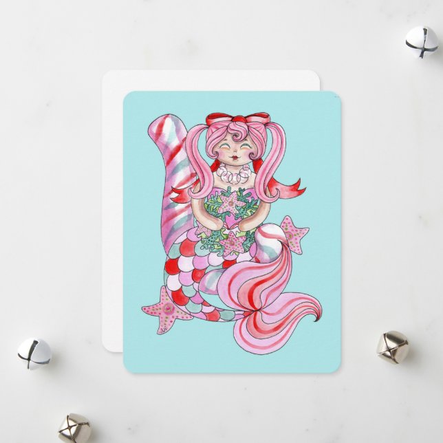 Carte Vacances d'aquarelle mignonne sirène (Devant/Arrière en situation)