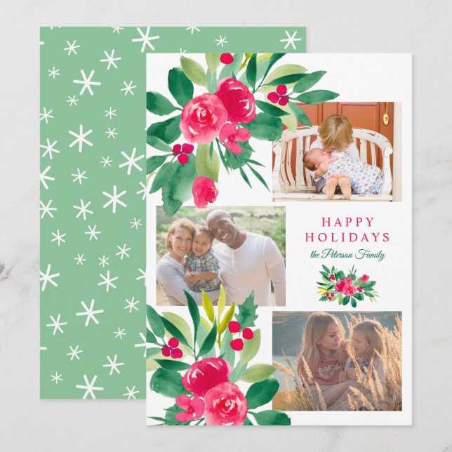 Carte Vacances de Noël aquarelle florale 3 photos neige (Devant / Derrière)