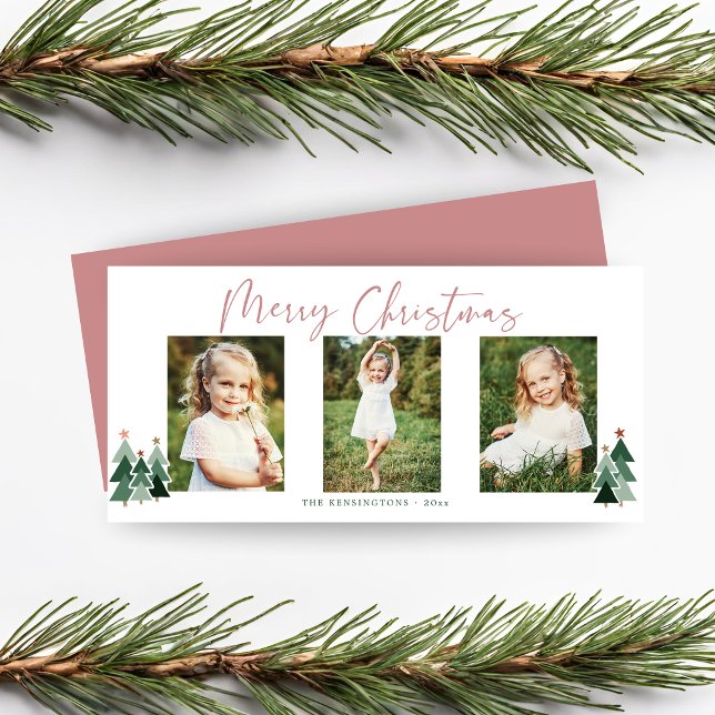 Carte Vacances de Noël rose moderne 3 Photo (Modern Pink Green Christmas Holiday 3 Photo Card)