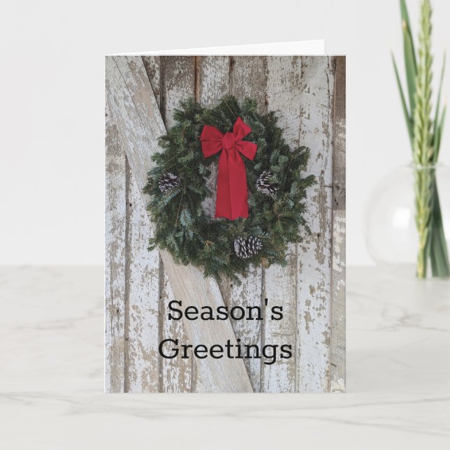 Carte Vacances de Noël Wreath Rustic Wood Grange Porte (Devant)