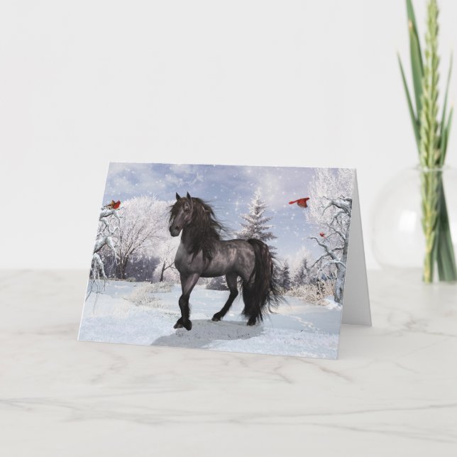 Carte Vacances d'hiver 2024 Cheval friésien (Devant)