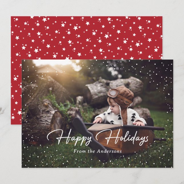Carte Vacances Photo Mignonne Red Snow Stars (Devant / Derrière)