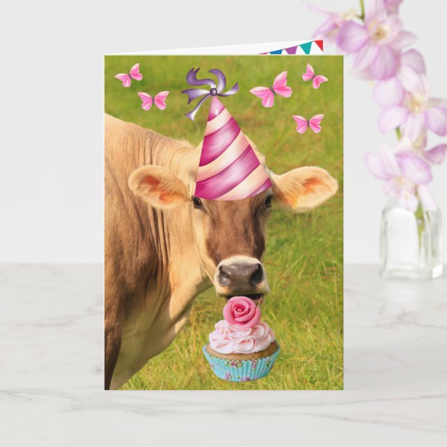 Carte Vache à fête et gâteau d'anniversaire Cupcake (Orchidée)