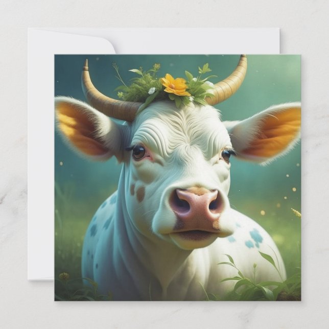 Carte Vache Ai blanche mignonne avec cornes et fleurs (Devant)