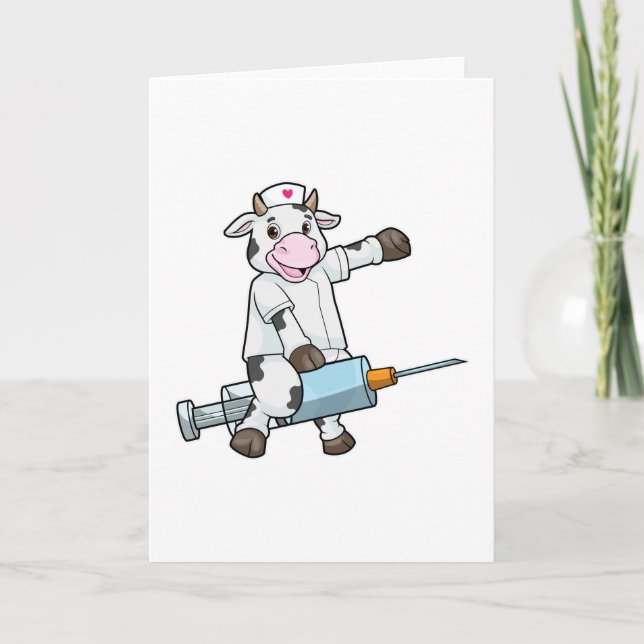 Carte Vache comme infirmière avec coeur et seringue (Devant)
