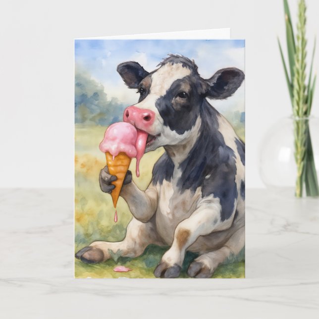 Carte Vache d'anniversaire qui lèche un cône de crème gl (Devant)
